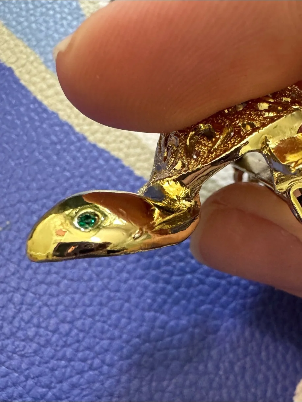 Gold-tone Turtle Decorative Reptile Brooch with Green Eyes